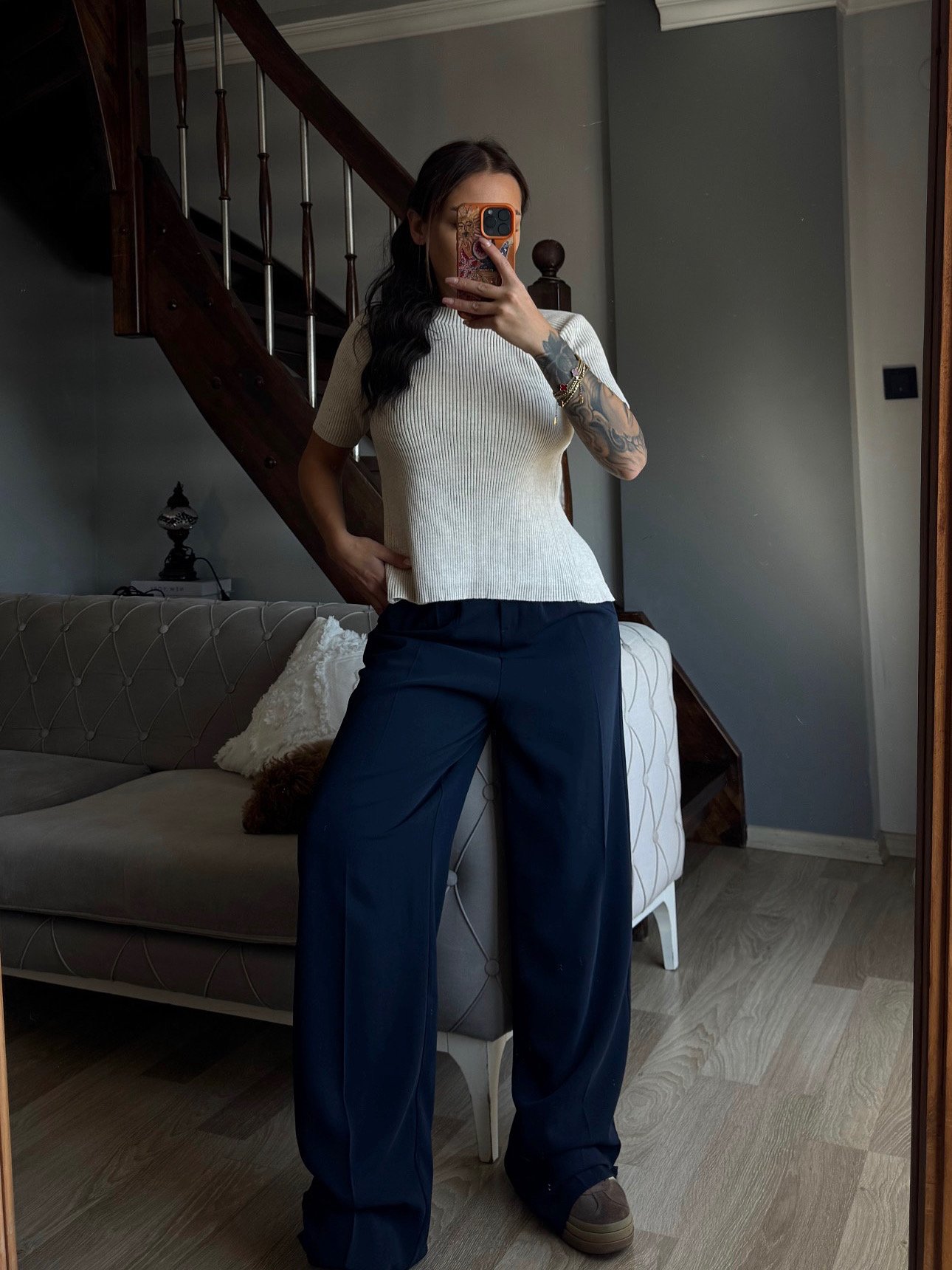 Sırtı Fiyonk Detaylı Triko Bluz - Krem/Lacivert - Görsel 2