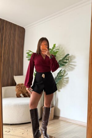 V Yaka Drapeli Uzun Kollu Crop Bluz