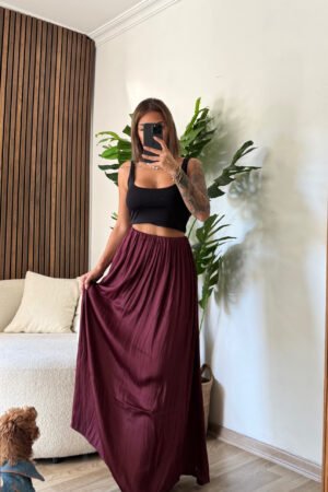 Dökümlü Saten Maxi Etek - Mürdüm