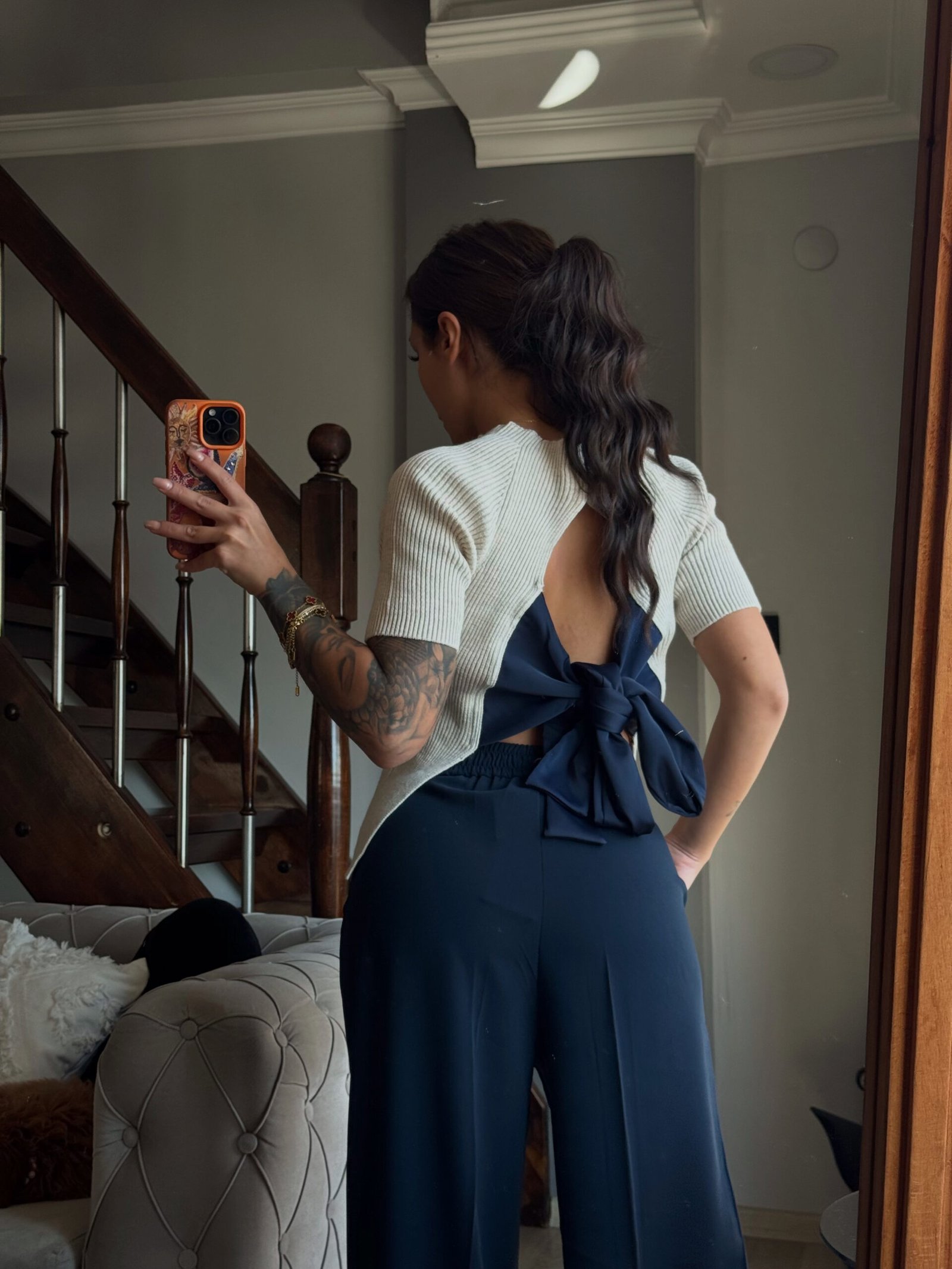 Sırtı Fiyonk Detaylı Triko Bluz - Krem/Lacivert