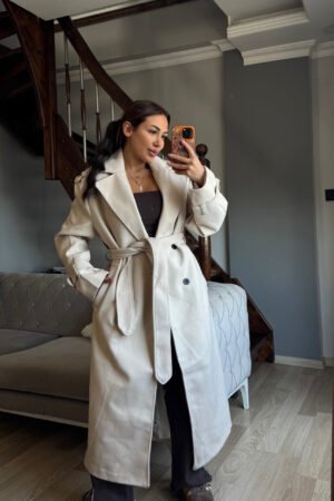 Kuşaklı Uzun Kaşe Kaban - Krem