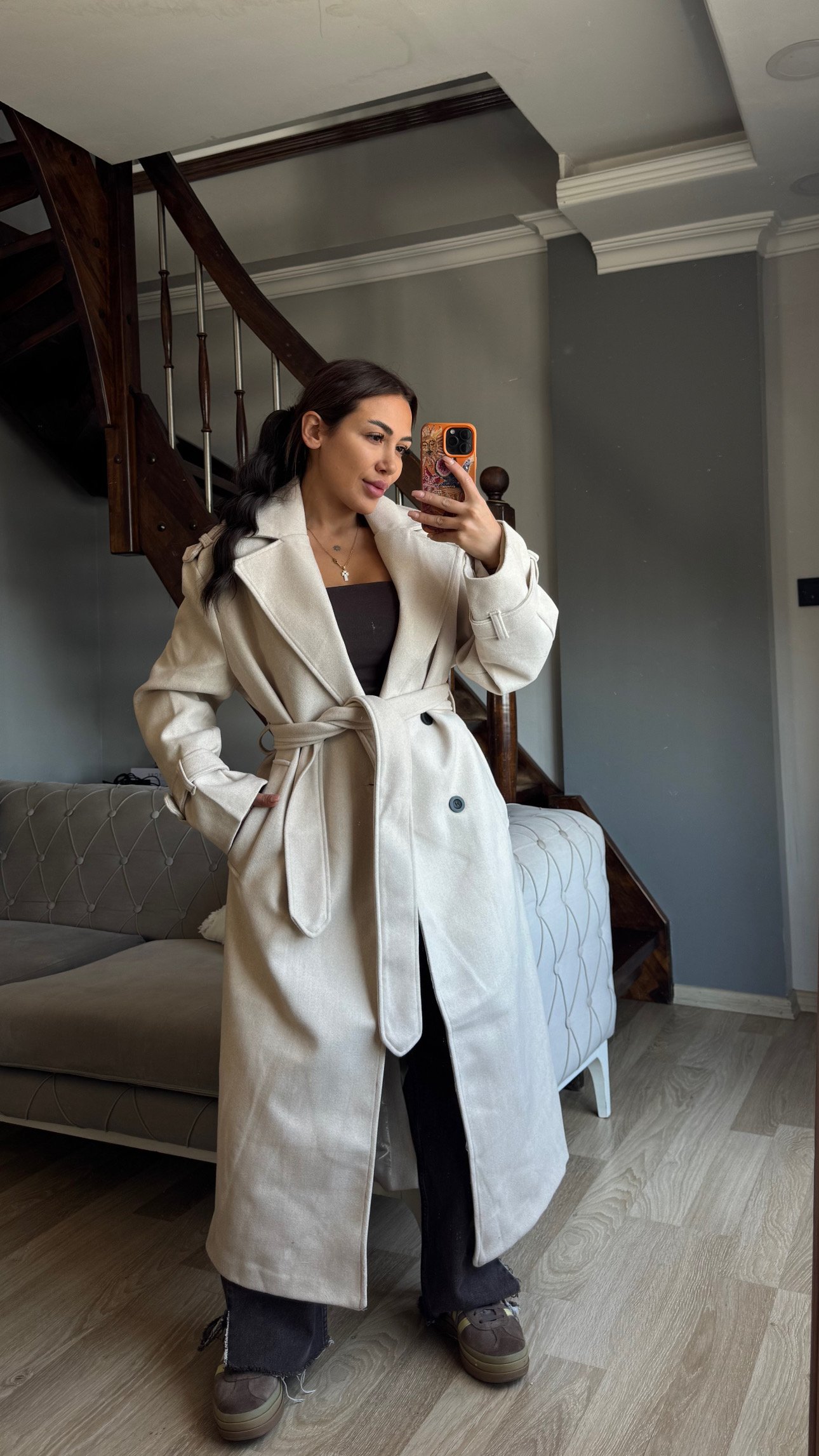 Kuşaklı Uzun Kaşe Kaban - Krem