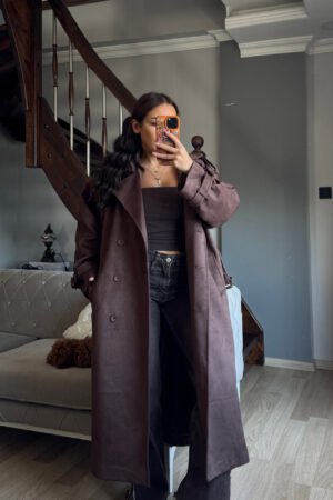 Oversize Uzun Süet Trençkot - Acı Kahve