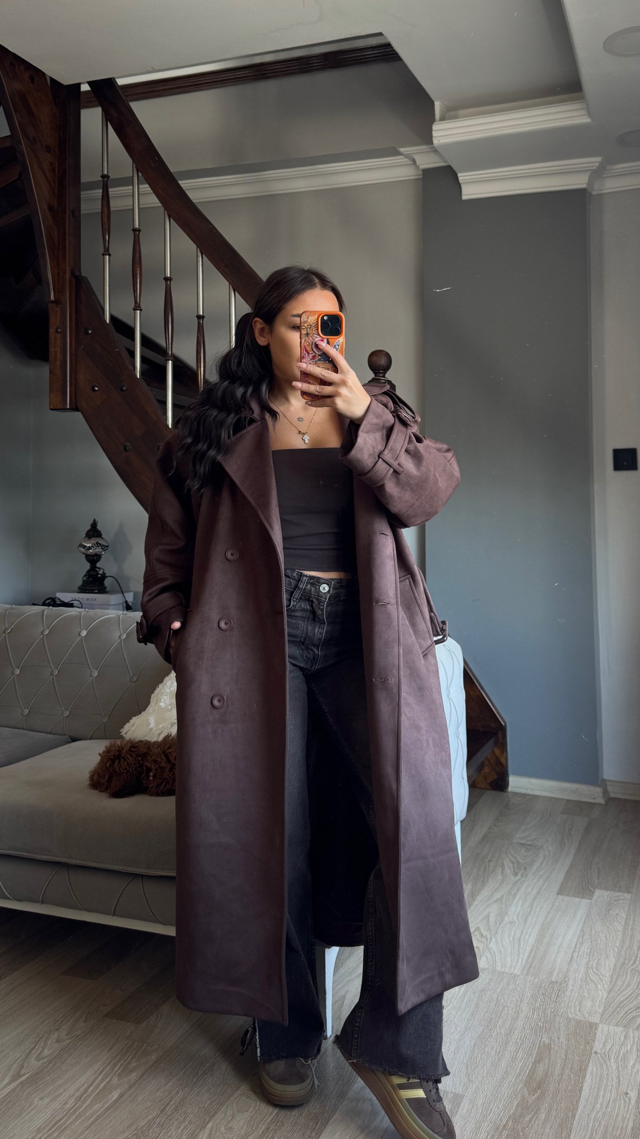 Oversize Uzun Süet Trençkot - Acı Kahve