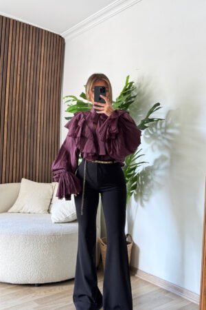 Fırfırlı Balon Kol Şık Bluz - Mürdüm