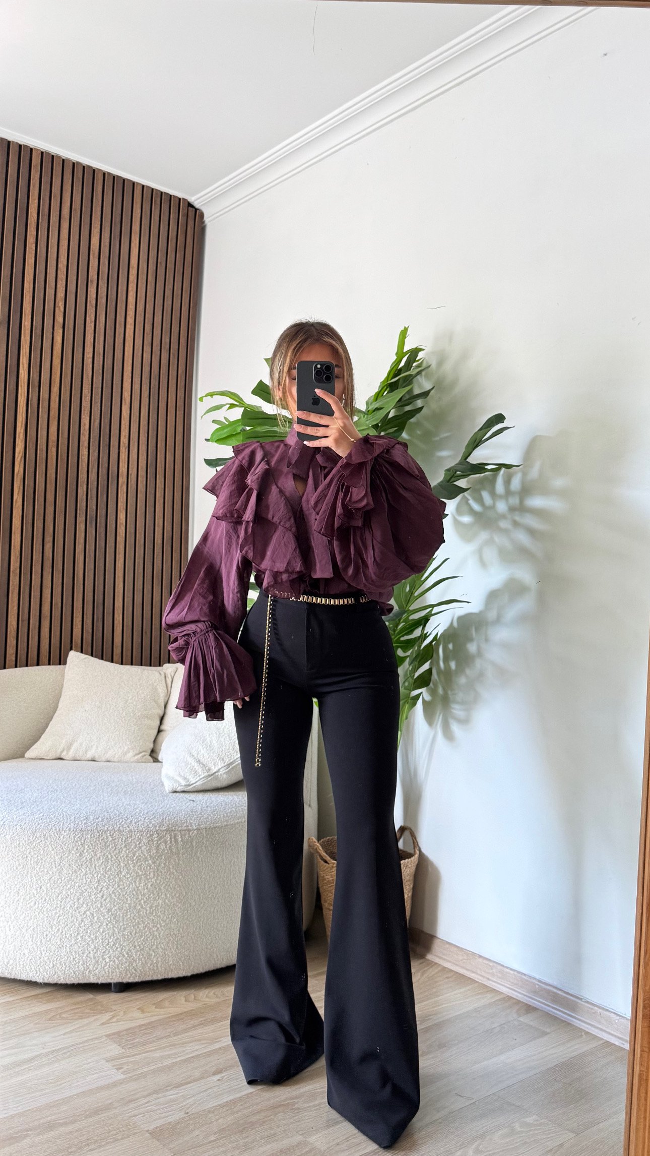 Fırfırlı Balon Kol Şık Bluz - Mürdüm