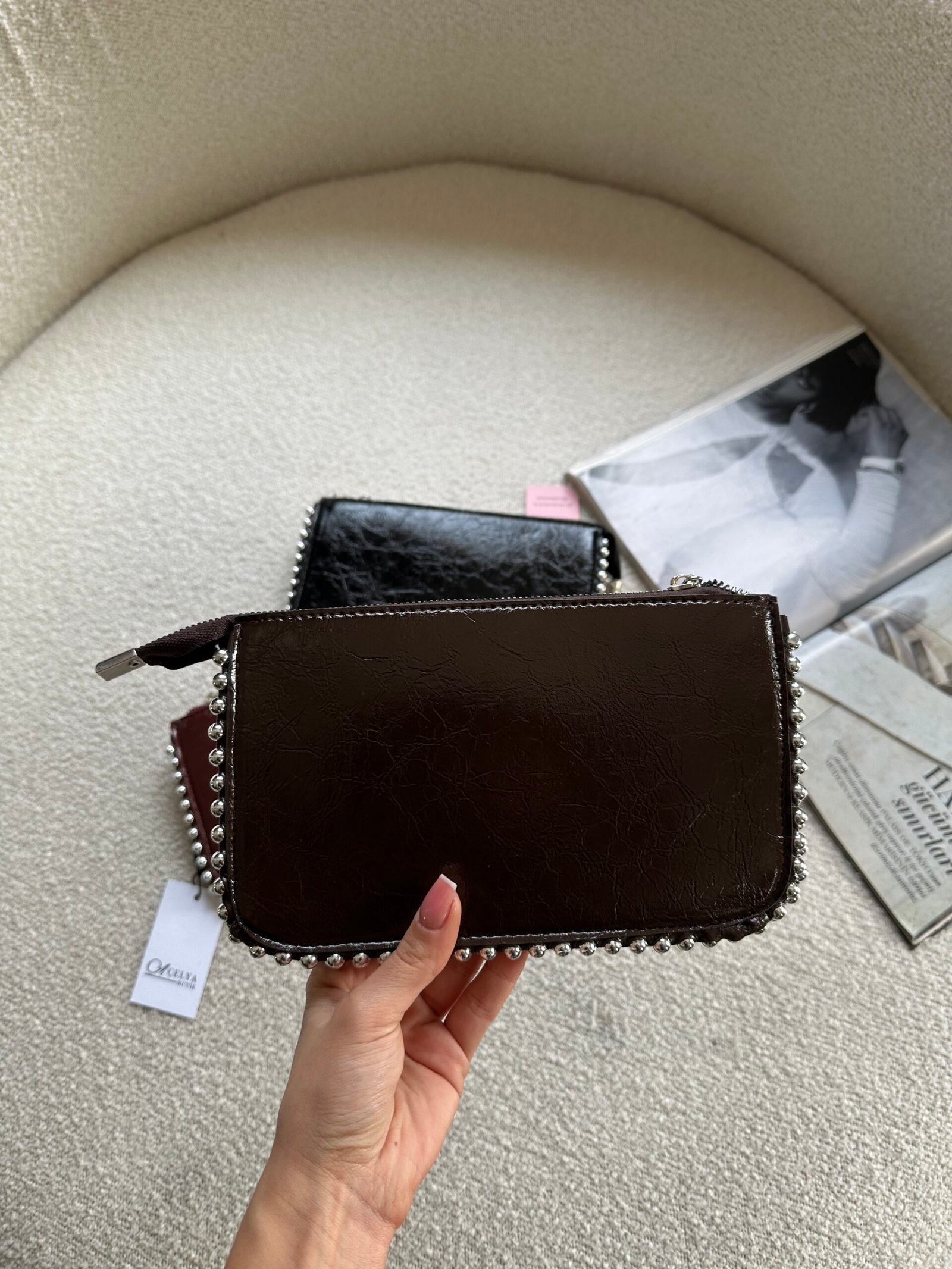 Zımba Detaylı Kırışık Rugan Mini Çanta / Clutch