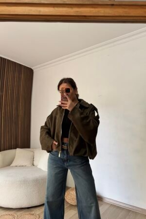 Oversize Fermuarlı Süet Ceket - Haki