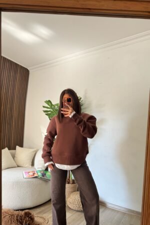 Parçalı Basic Bisiklet Yaka Sweatshirt - Kahverengi
