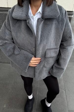 Oversize Yumuşak Dokulu Pelüş Ceket - Gri