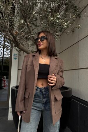 Oversize Cepli Süet Ceket - Kahverengi