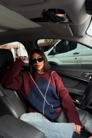 Baklava Desenli Oversize Triko Kazak - Bordo