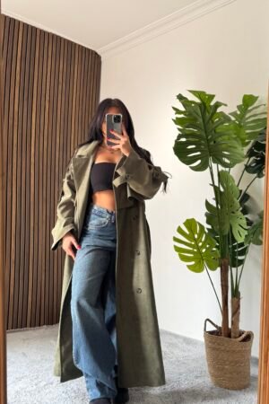 Oversize Uzun Süet Trençkot - Haki