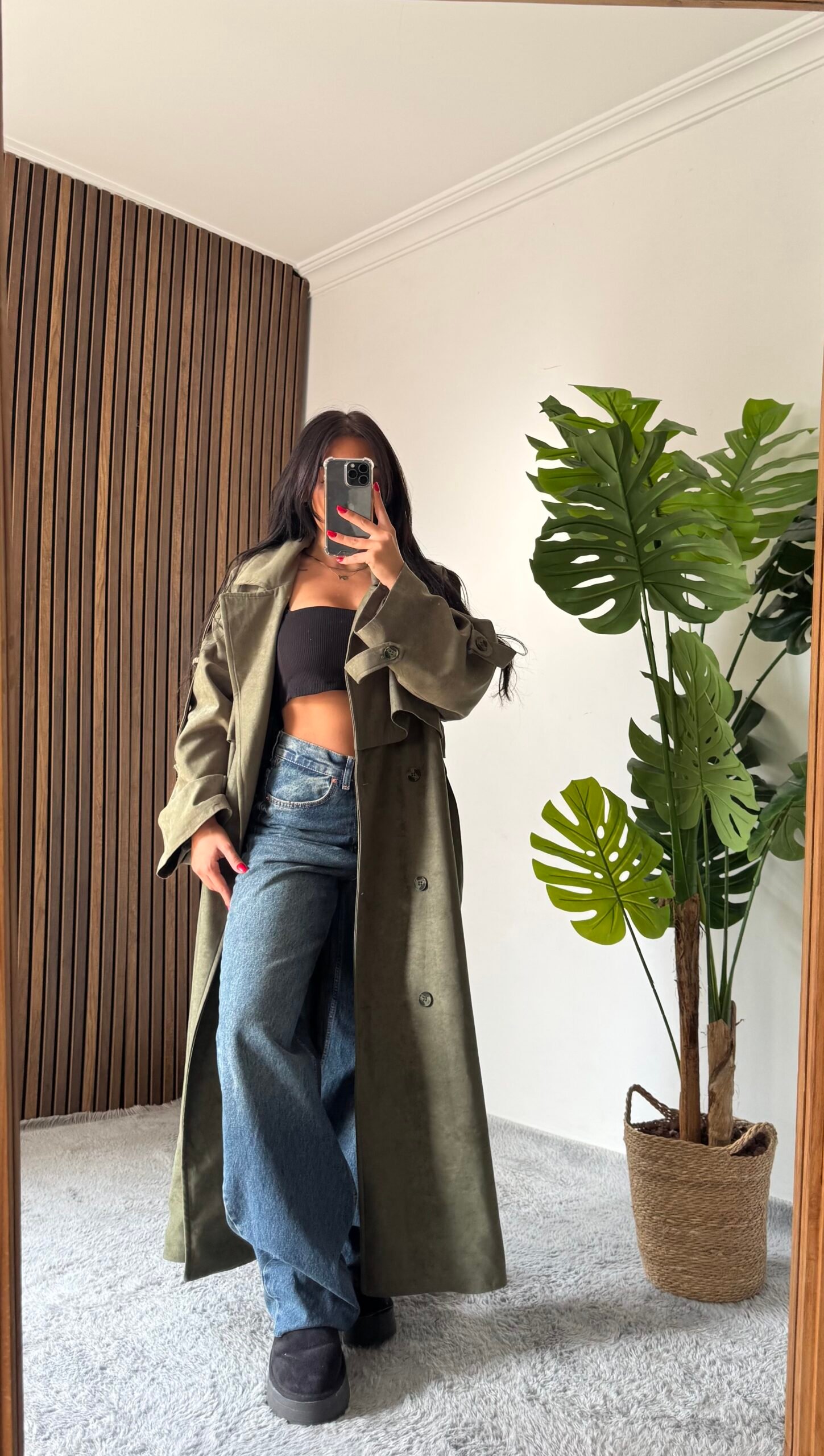 Oversize Uzun Süet Trençkot - Haki