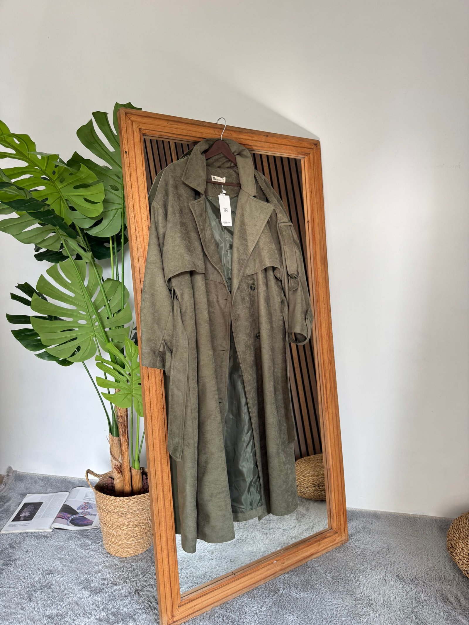 Oversize Uzun Süet Trençkot - Haki - Görsel 2