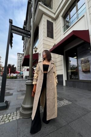 Özel Tasarım Kazayağı Garnili Uzun Trençkot