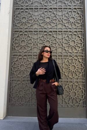 Yüksek Bel Pileli Palazzo Kumaş Pantolon - Acı Kahve