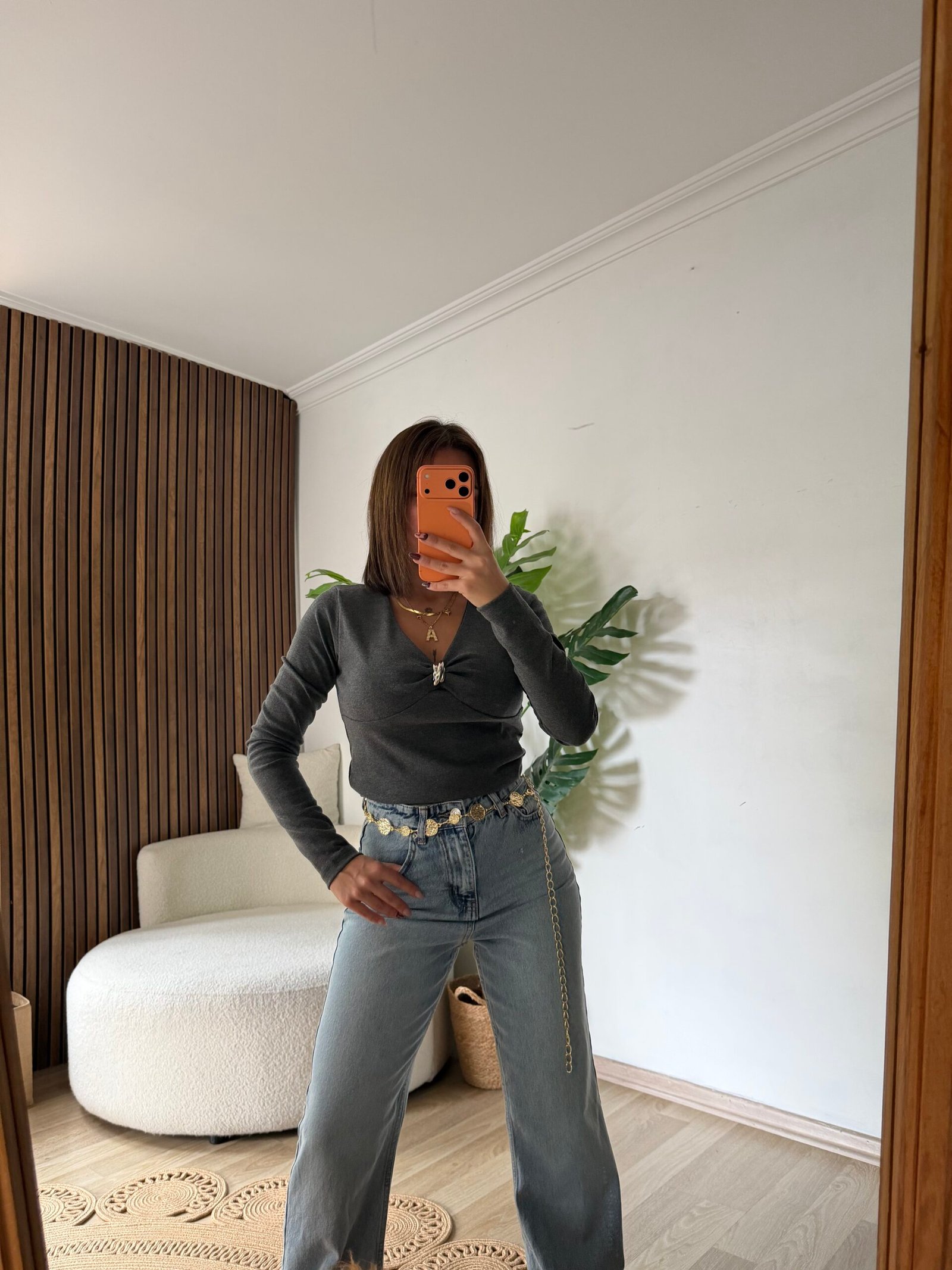 Göğüs Detaylı V Yaka Uzun Kollu Body - Antrasit