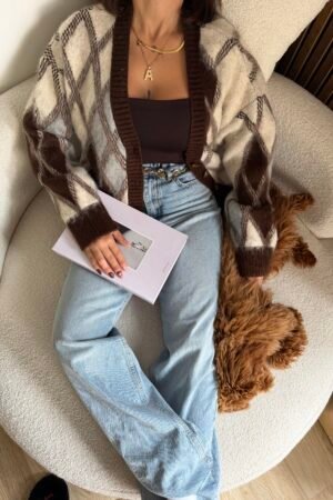 Baklava Desenli V Yaka Oversize Triko Hırka