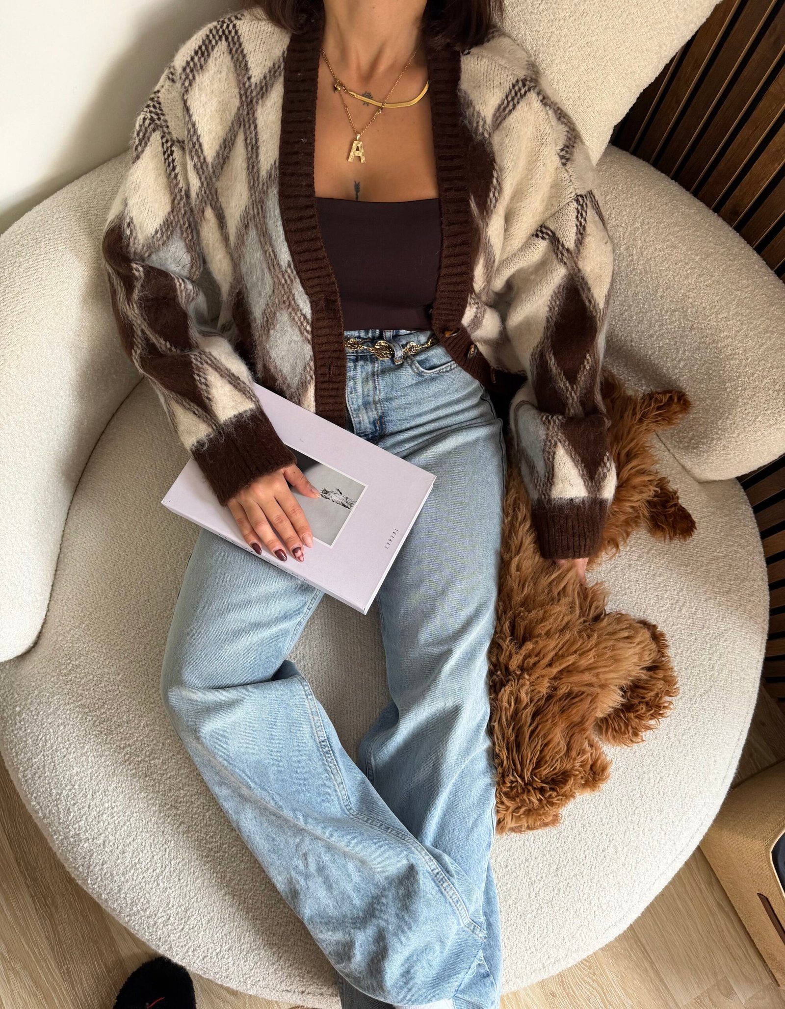 Baklava Desenli V Yaka Oversize Triko Hırka