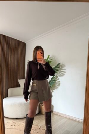 Gold Toka Detaylı Şort Etek - Haki