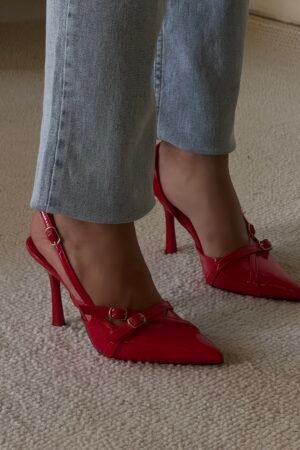 Kırmızı Rugan Toka Detaylı Slingback Stiletto