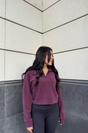 Yarım Fermuarlı Yumuşak Dokulu (Yumoş) Sweatshirt - Mürdüm