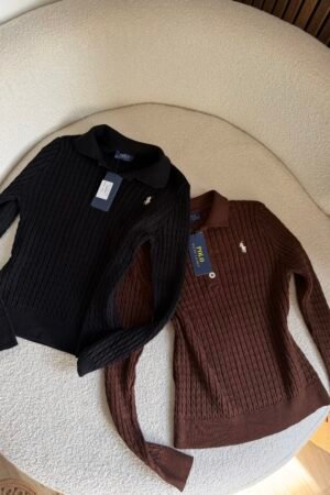 Polo Yaka Saç Örgü Desenli Triko Kazak