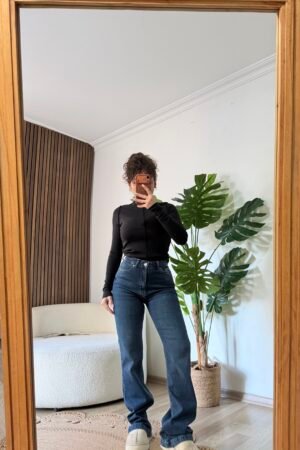 Yüksek Bel Yıkamalı Mavi Wide Leg Jean