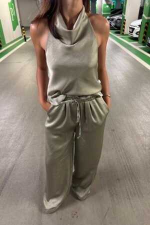 Halter Yaka Dökümlü Saten İkili Takım - Çağla Yeşili