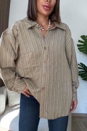 Oversize Çizgili Cepli Gömlek - Bej
