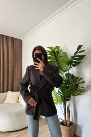 Önden Bağlamalı Kuşaklı Blazer Ceket - Acı Kahve