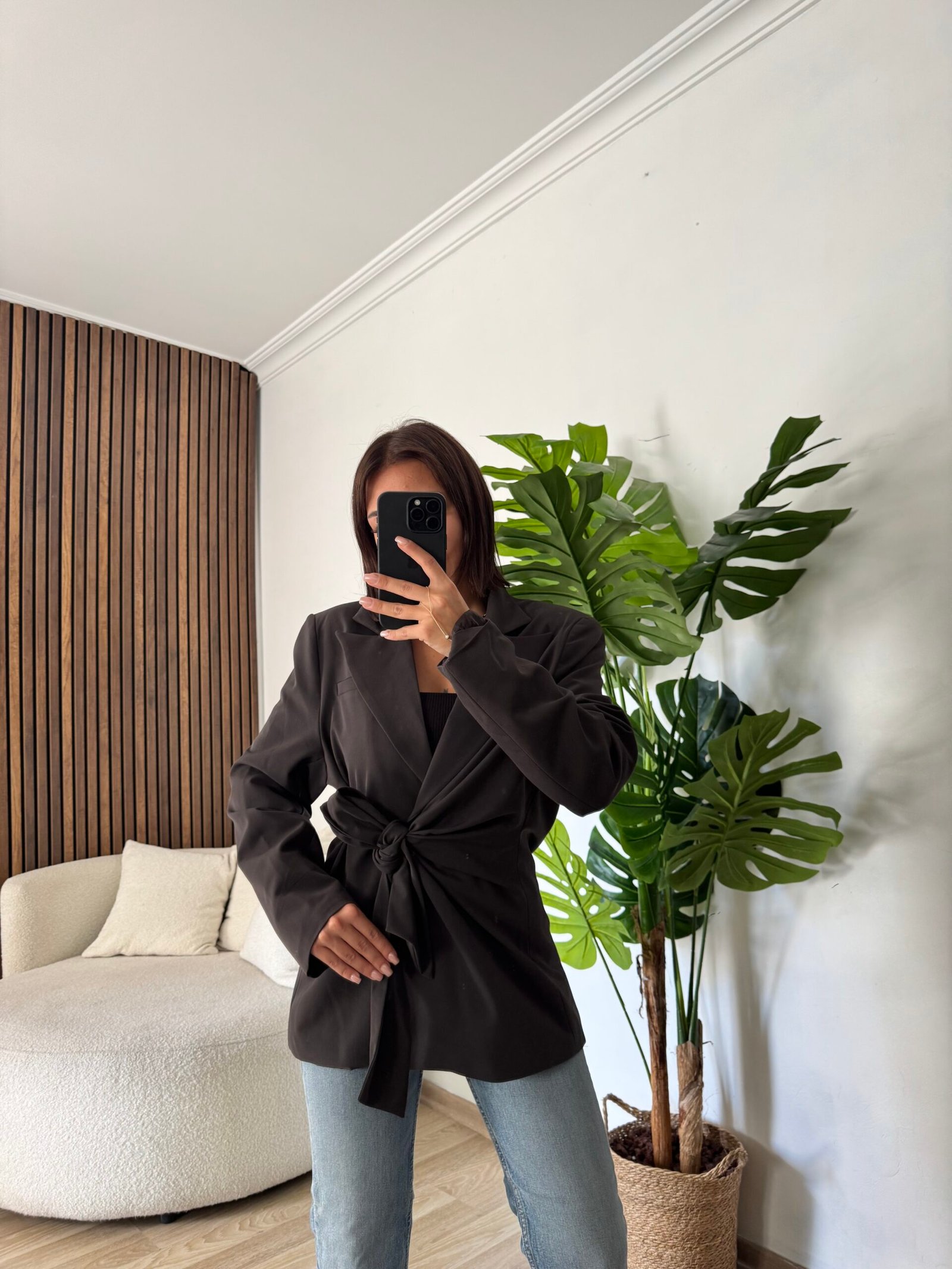 Önden Bağlamalı Kuşaklı Blazer Ceket - Acı Kahve