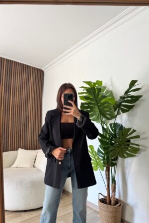 Dokulu Kumaş Klasik Blazer Ceket - Siyah