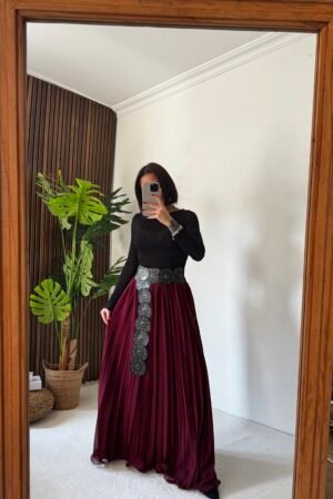 Astarlı Tül Pileli Uzun Etek - Bordo