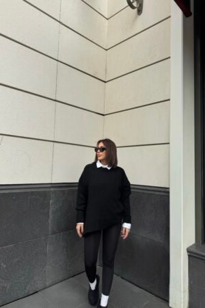 Oversize Bisiklet Yaka Basic Triko Kazak - Siyah