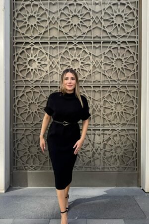 Kemerli Kısa Kollu Fitilli Triko Elbise - Siyah