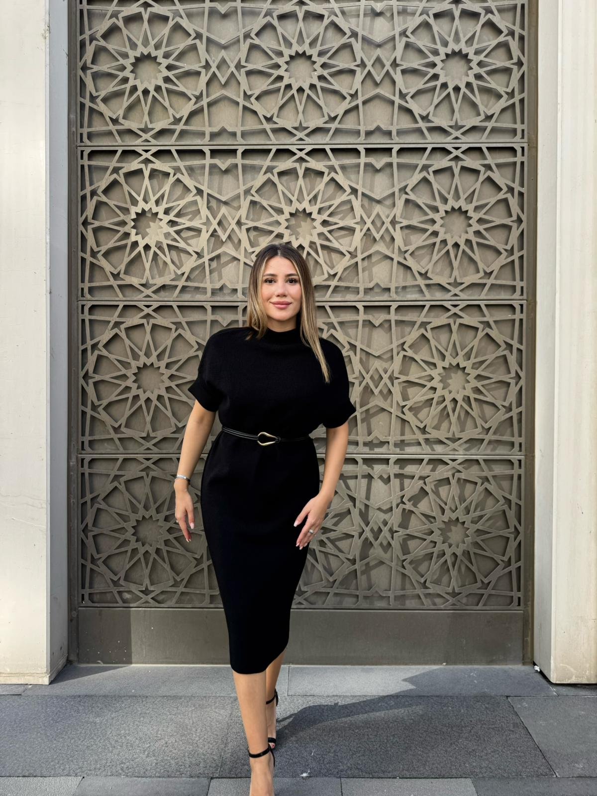 Kemerli Kısa Kollu Fitilli Triko Elbise - Siyah