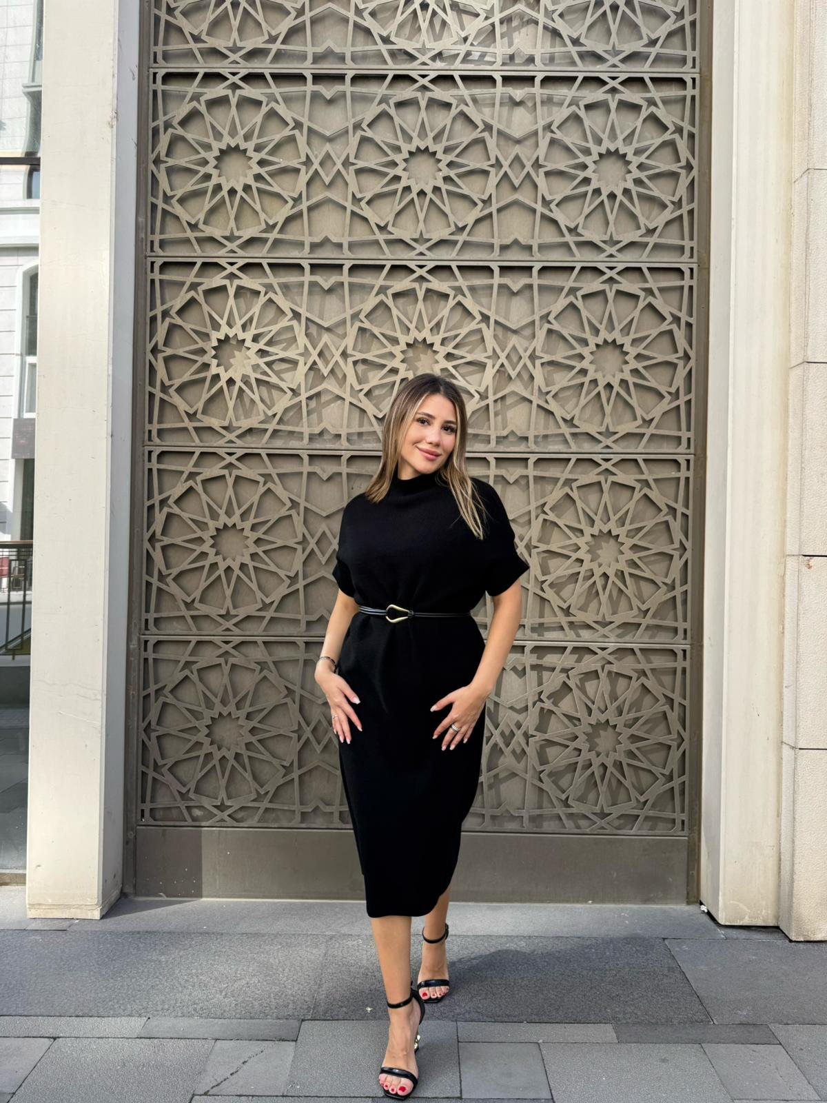 Kemerli Kısa Kollu Fitilli Triko Elbise - Siyah - Görsel 3