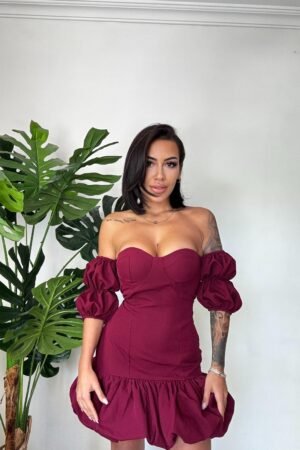 Karpuz Kol Balon Etekli Karmen Yaka Mini Elbise