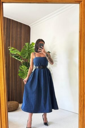 Askılı Kloş Kesim Uzun Denim Elbise | Kot Elbise