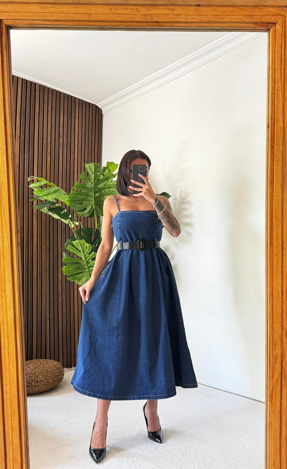 Askılı Kloş Kesim Uzun Denim Elbise | Kot Elbise