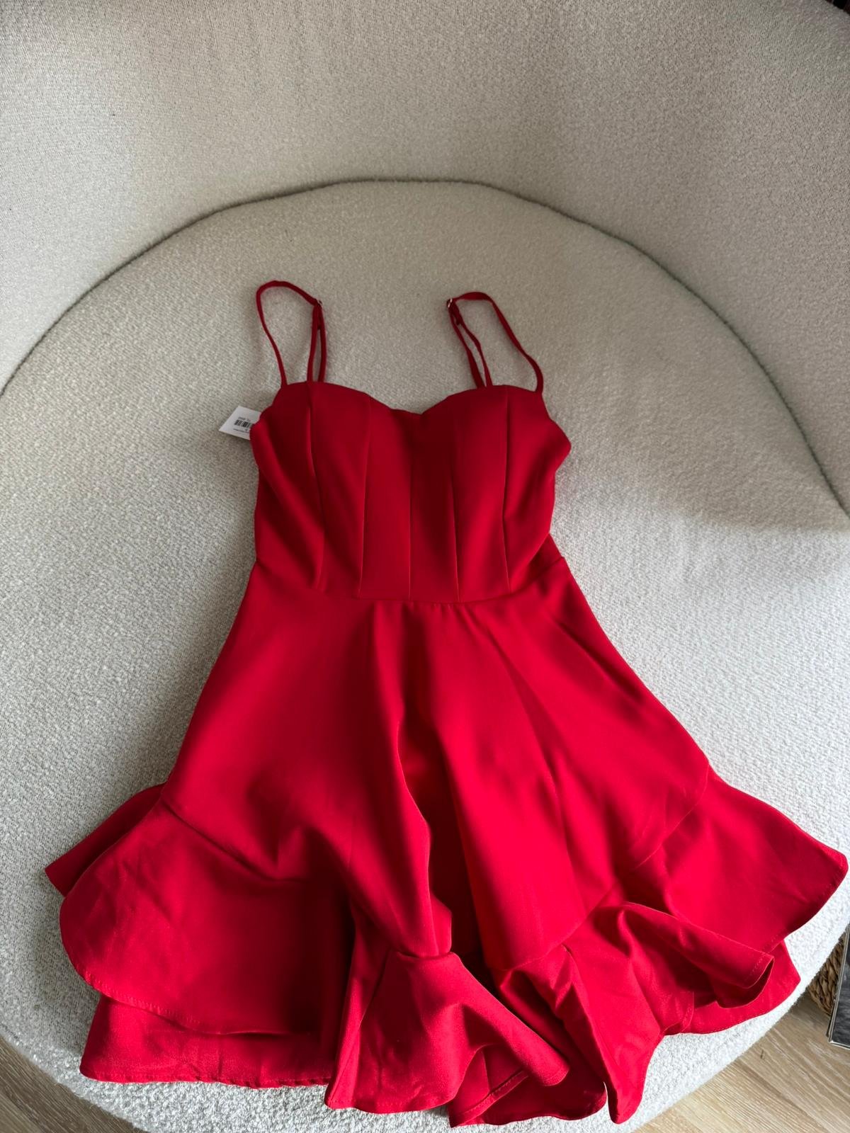 İp Askılı Eteği Volanlı Kırmızı Mini Elbise