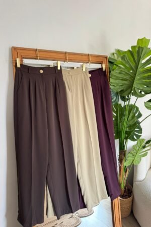 Gold Düğmeli Yüksek Bel Palazzo Kumaş Pantolon