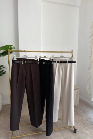 Kemerli Yüksek Bel Palazzo Kumaş Pantolon