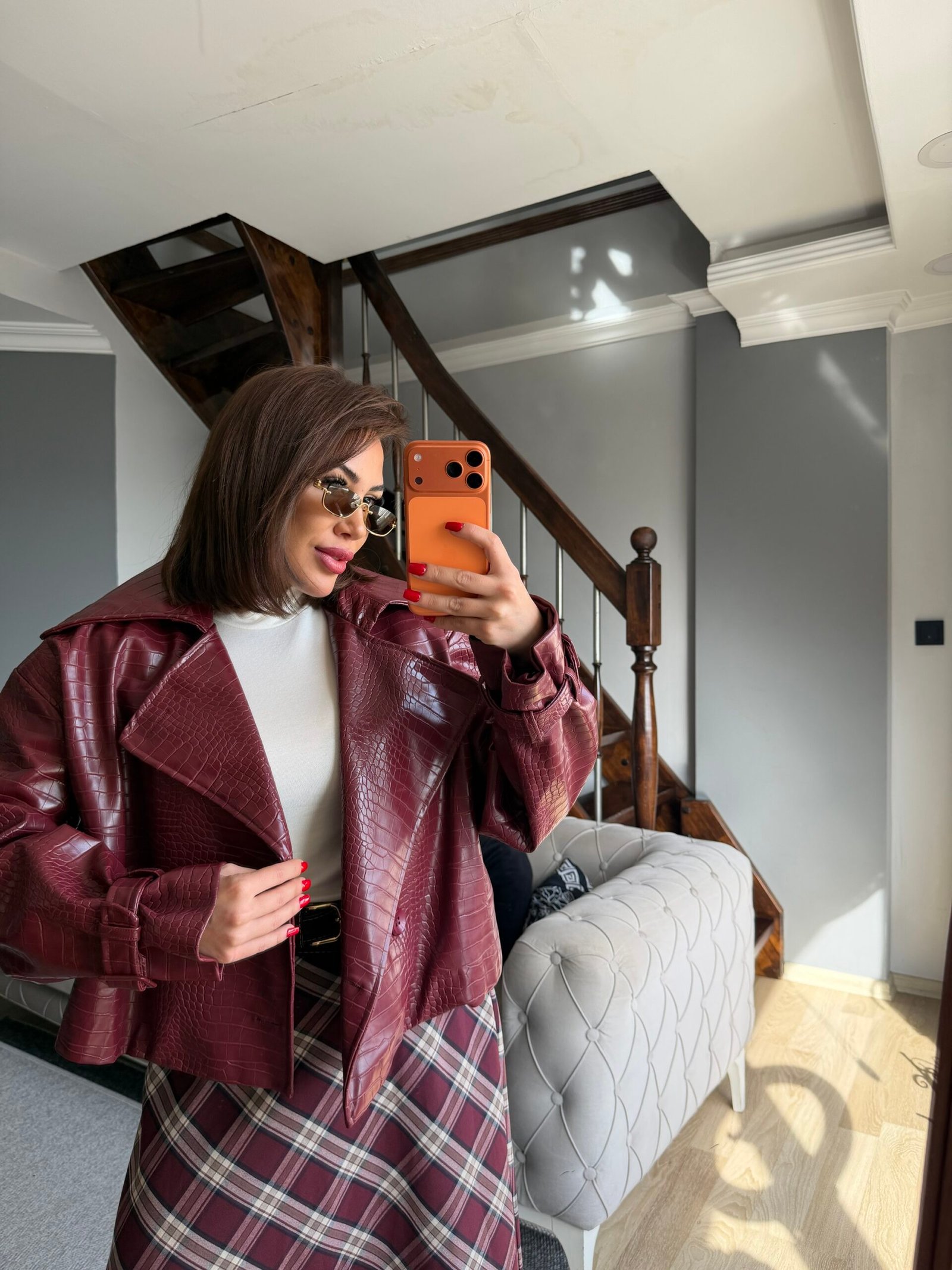 Parlak Kroko Desenli Siyah Deri Ceket