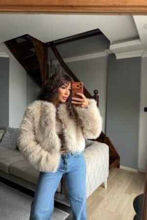 Geniş Yaka Crop Yapay Kürk Ceket - Acı Kahve