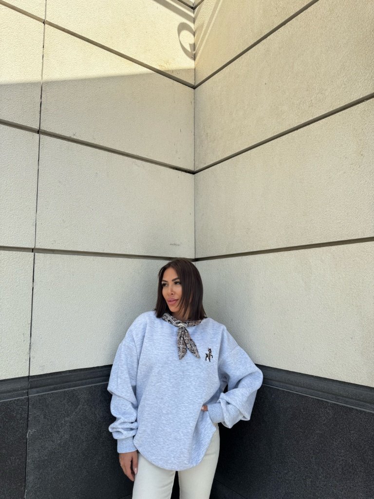 Nakış Detaylı Oversize Sweatshirt - Gri