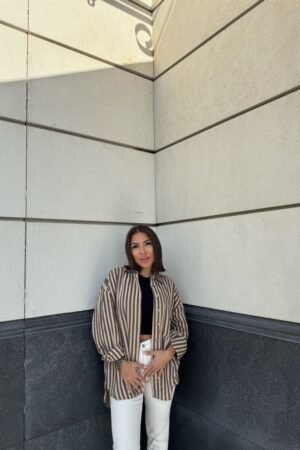 Oversize Çizgili Ceket Gömlek - Bej