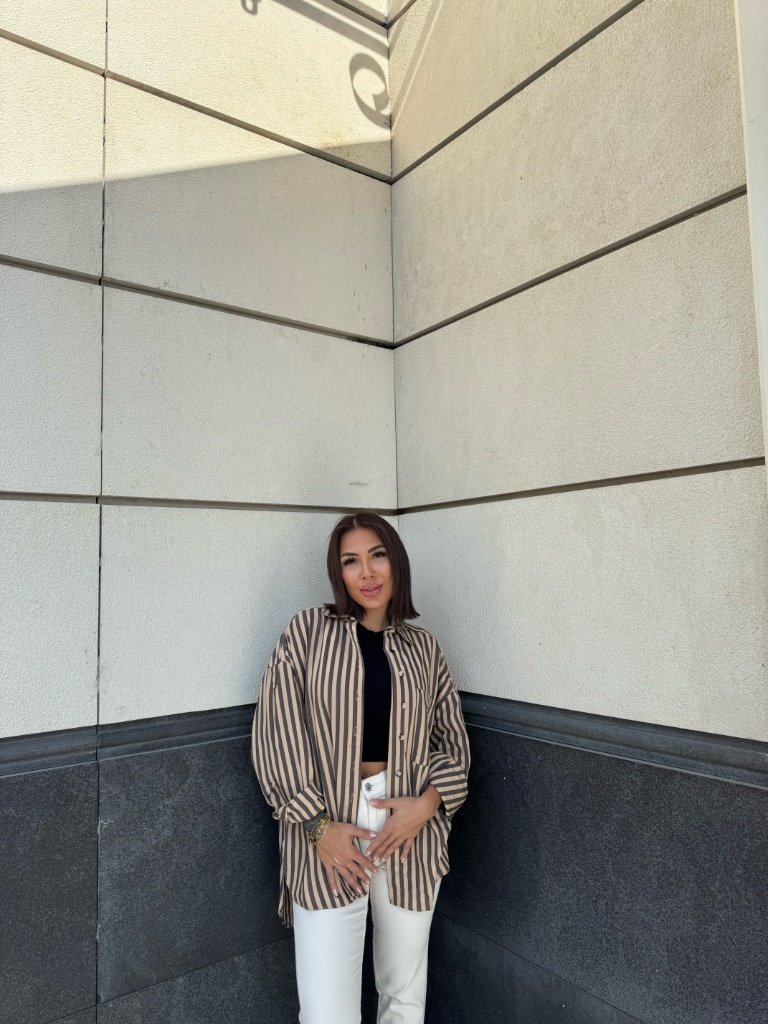 Oversize Çizgili Ceket Gömlek - Bej